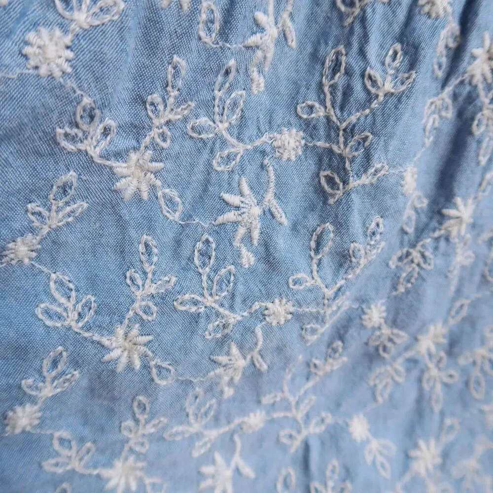 OLD NAVY Blue Floral Puff-Sleeve Babydoll Top Size XXL Embroidered Chambray